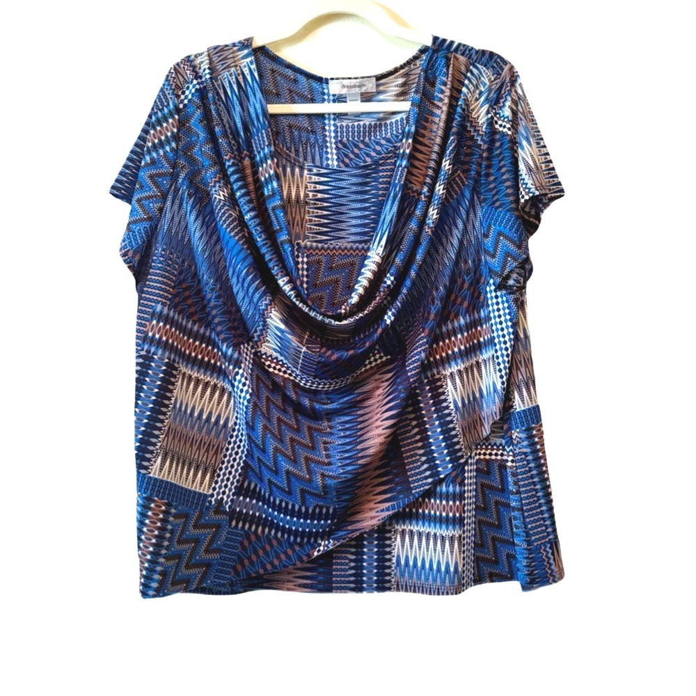 Dressbarn Blue Geometric Draped Flutter Sleeve Blouse Size 1X